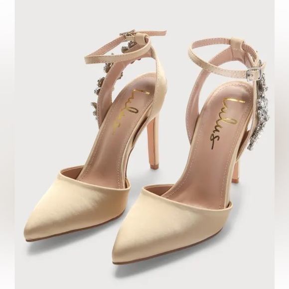 Lulus Milburn Champagne Satin Rhinestone Ankle Strap Heels - Size 8 - Picture 2 of 6